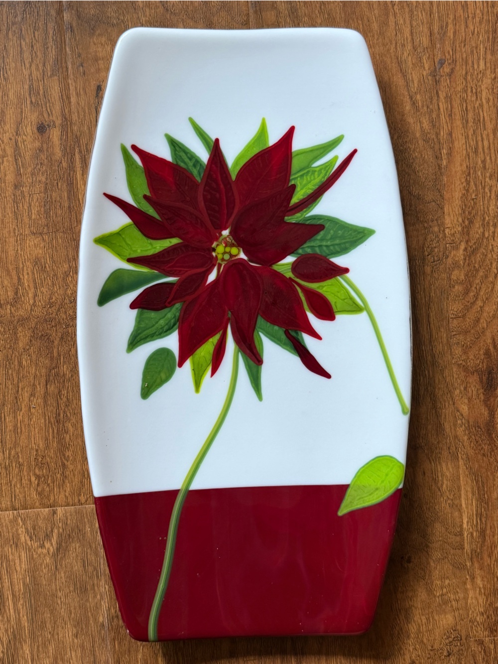 Vintage handmade art glass poinsettia holiday Christmas serving platter